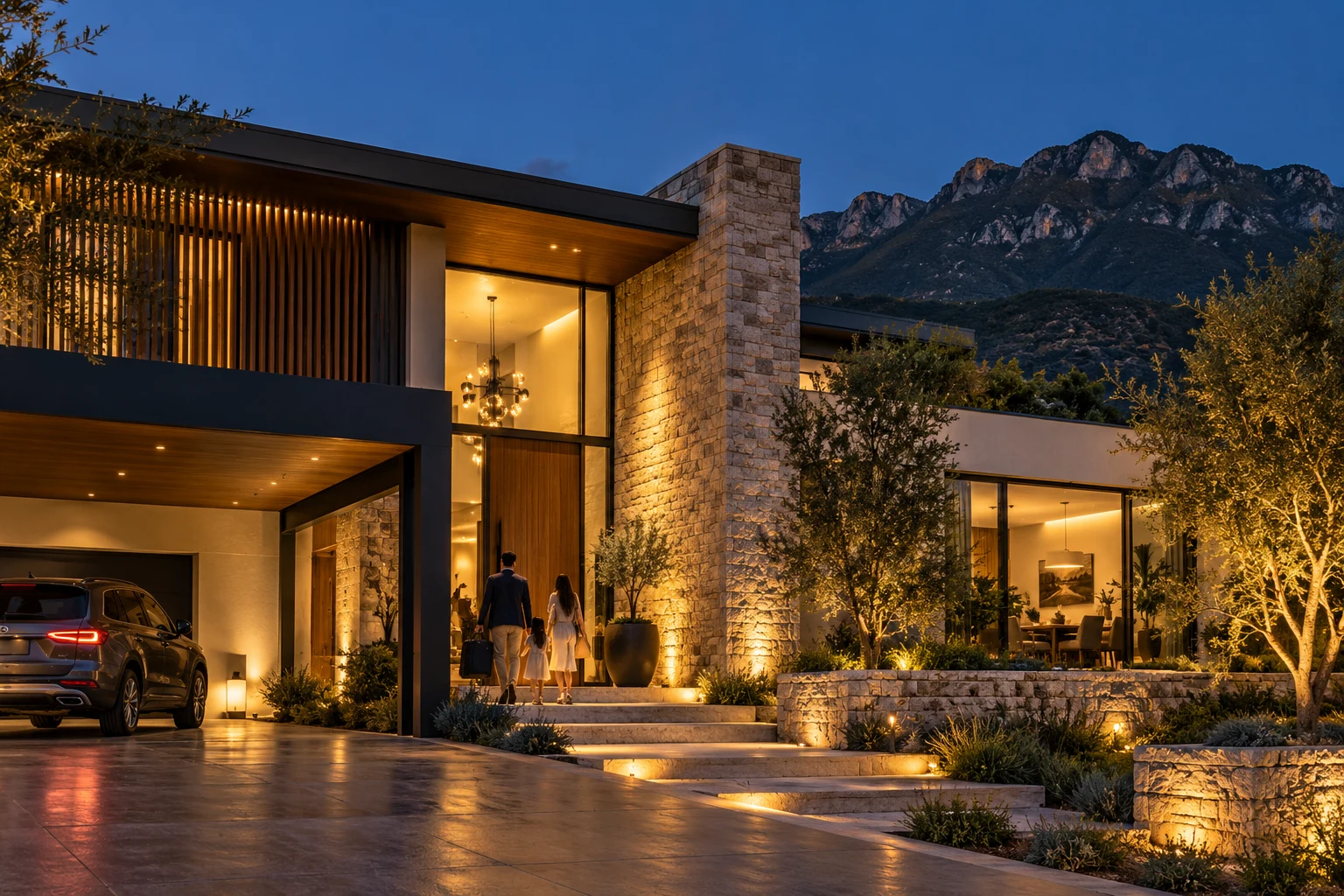 Hogar contemporáneo iluminado al anochecer